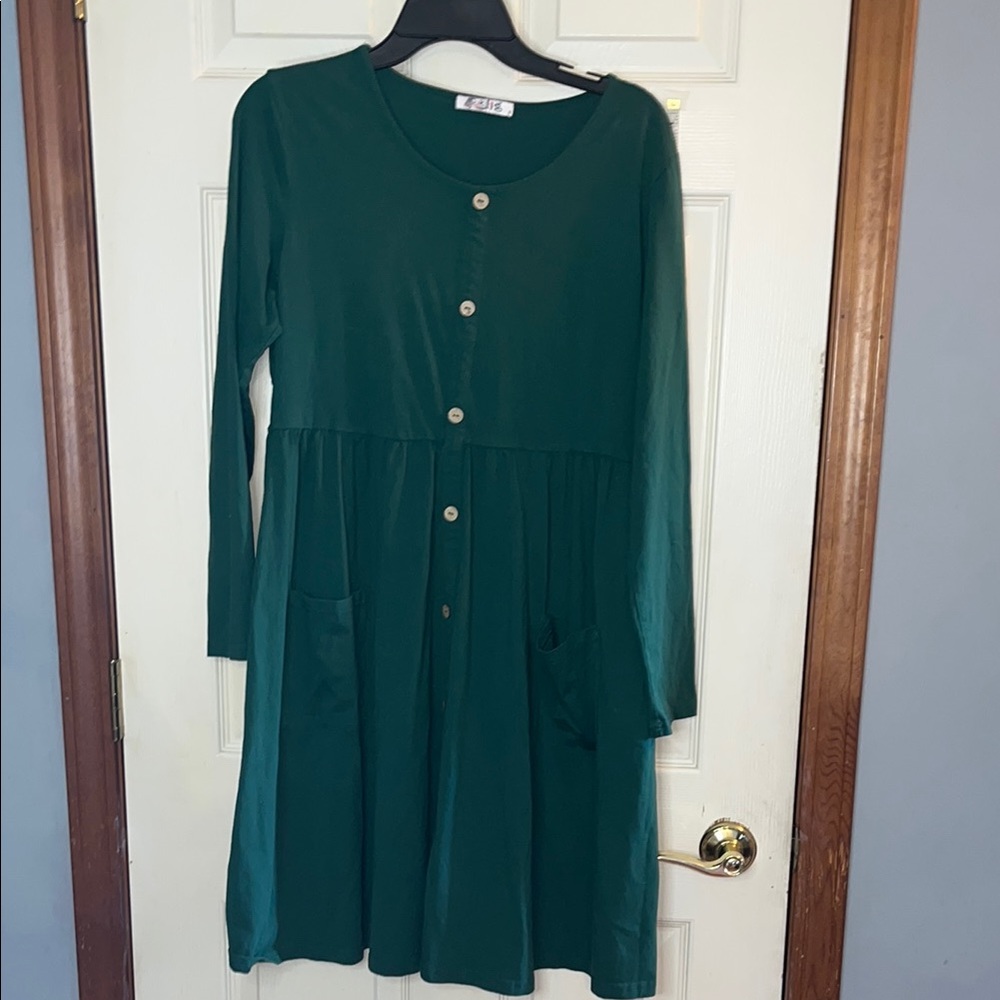 Slig-XL-emerald green-round neck,long sleeve, casual,lagenlook, minimalist dress